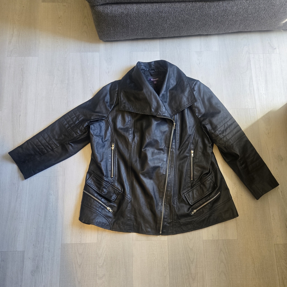 Roaman's Black Leather Asymmetrical Zip Moto Jacket